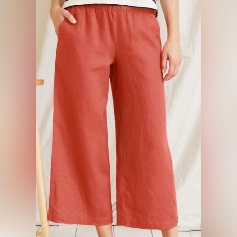 Tahari 100% Linen Flowy Wide Leg High Waist Rust Orange Cropped Pants L